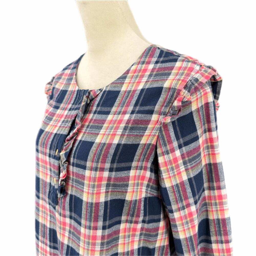 Anthropologie Isabella Sinclair Pink Navy 100% Cotton Ruffle Plaid Academia Top - Picture 7 of 13